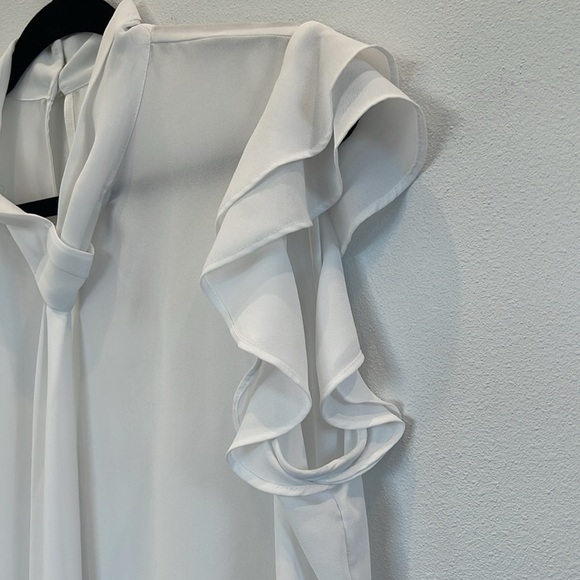 Calvin Klein Tie-neck Ruffled Cap-sleeve Blouse In White Size L - Picture 5 of 11